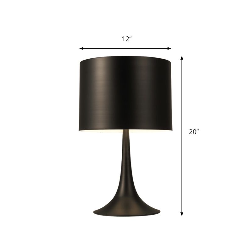 Black/White Drum Table Light with Curvaceous Base Simple Style 1 Light Metal Table Lamp for Bedroom, 10"/12" Dia