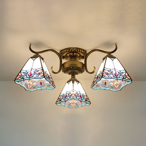 3 Lights Bowl Semi Flushmount Stained Glass Vintage Ceiling Light in Beige/Yellow/Purple/Clear/Blue-Pink/Blue-White/Green-White for Bedroom