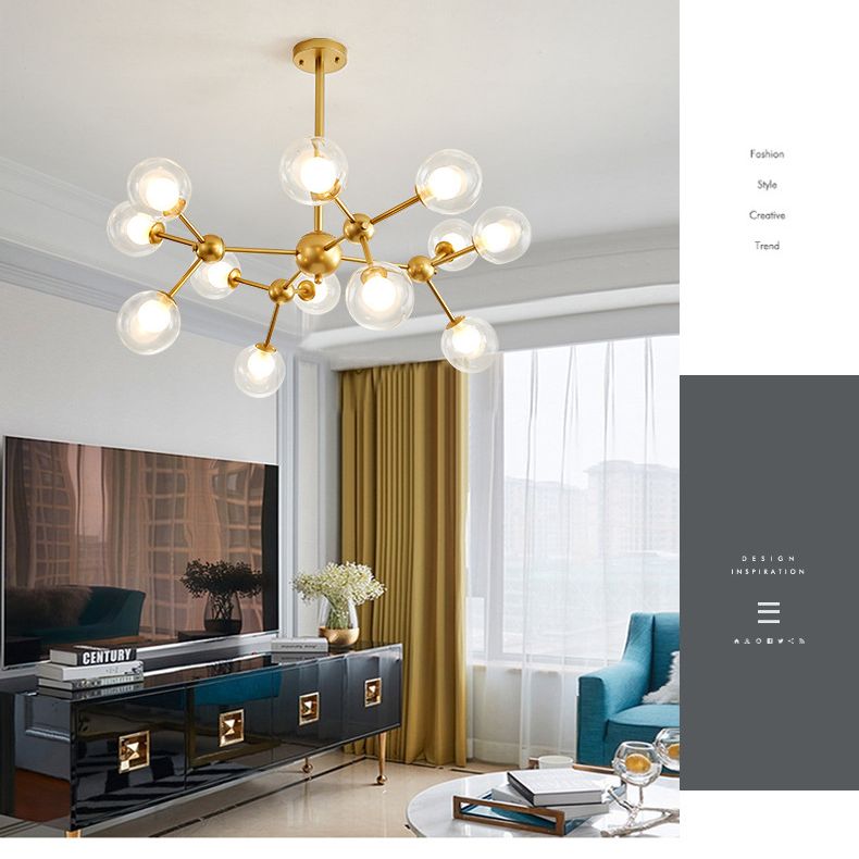 Clear Globe Shape Glass Chandelier Light Molecular Frosted Iron Modern Pendant Lighting in Gold