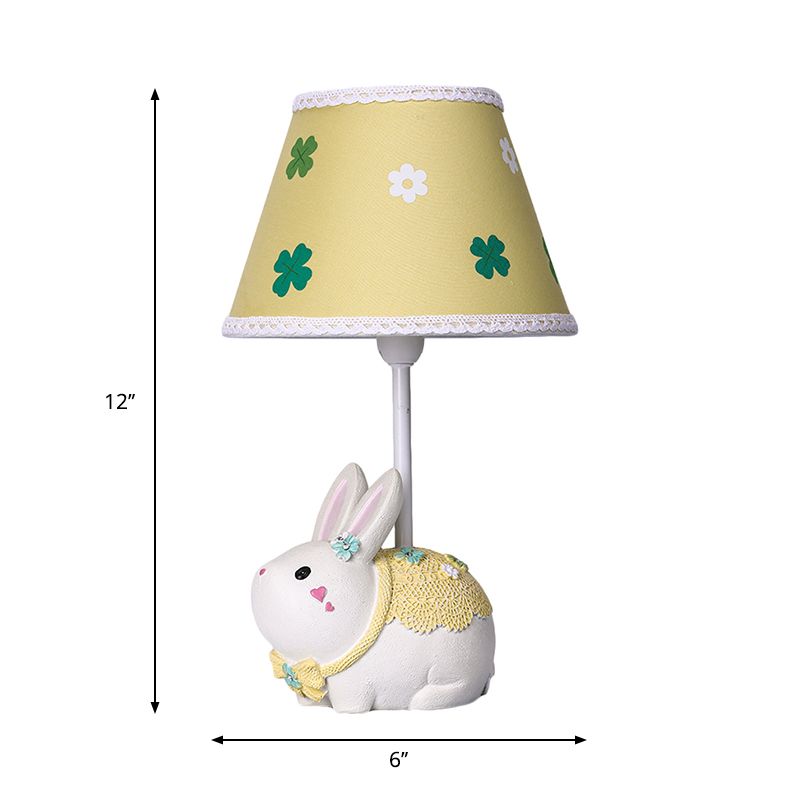 Conical Fabric Study Lamp Cartoon 1-Light Yellow Table Light with Clover Pattern and Rabbit Base