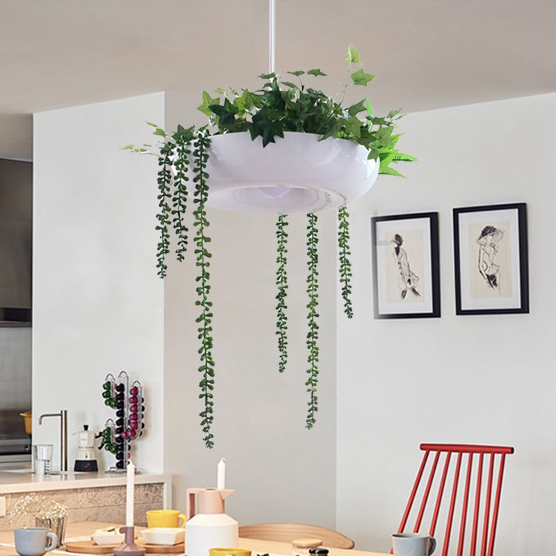 Warehouse Donut Pendant Light 1 Light Metallic Suspension Lighting in White with Green Vine Deco