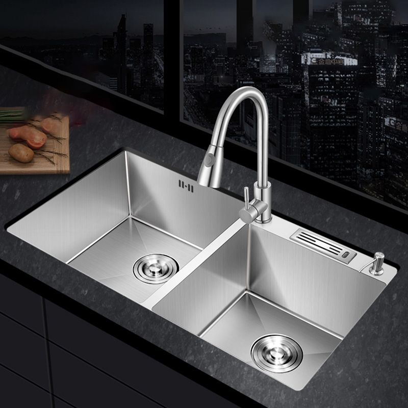 Contemporary Style Kitchen Sink Stainless Steel Double Basin Drop-In Kitchen Sink