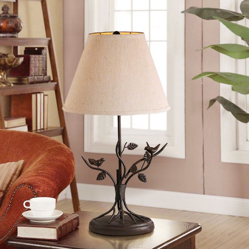 Tapered Fabric Table Light Vintage 1 Head Living Room Nightstand Lighting in White with Branch Design