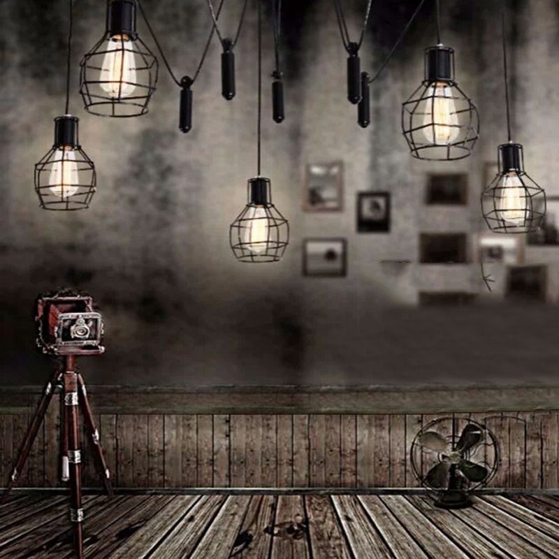 Multi-Light Pendant Industrial Cage Metal Ceiling Hang Light with Pulley in Black