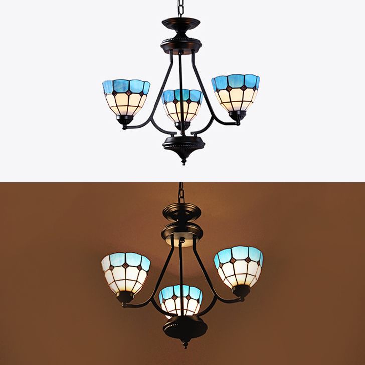 3 Lights Bowl Hanging Light with Metal Chain Adjustable Blue Glass Baroque Chandelier