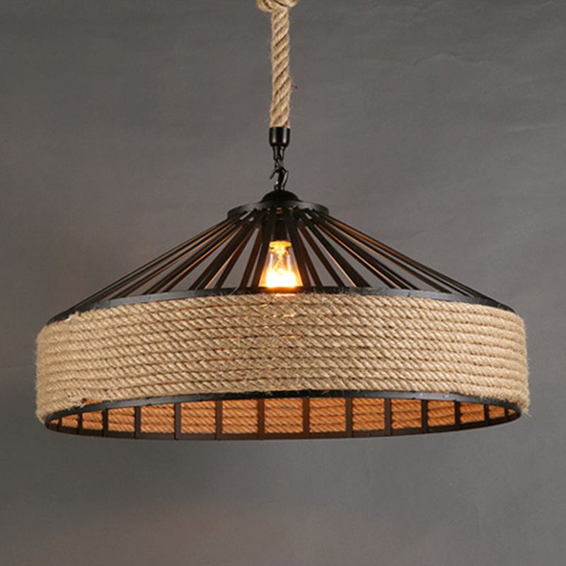 Rope Shade Suspension Light Industrial Metal Single Drop Light en noir pour restaurant