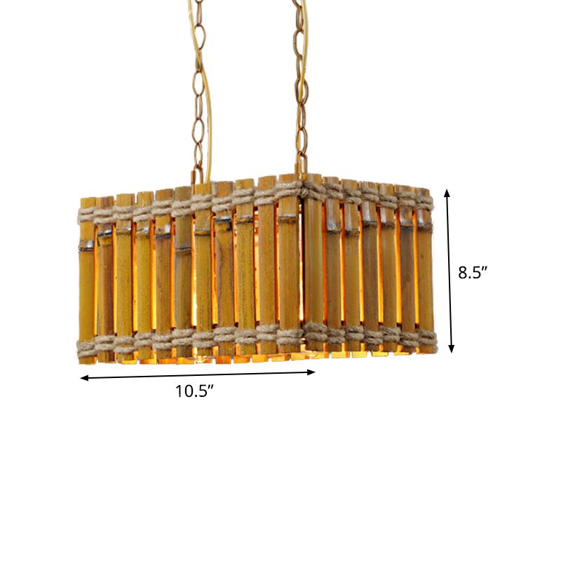 Bamboo Yellow Chandelier Lighting Rectangle 2 Bulbs Industrial Style Ceiling Hang Fixture with Rope