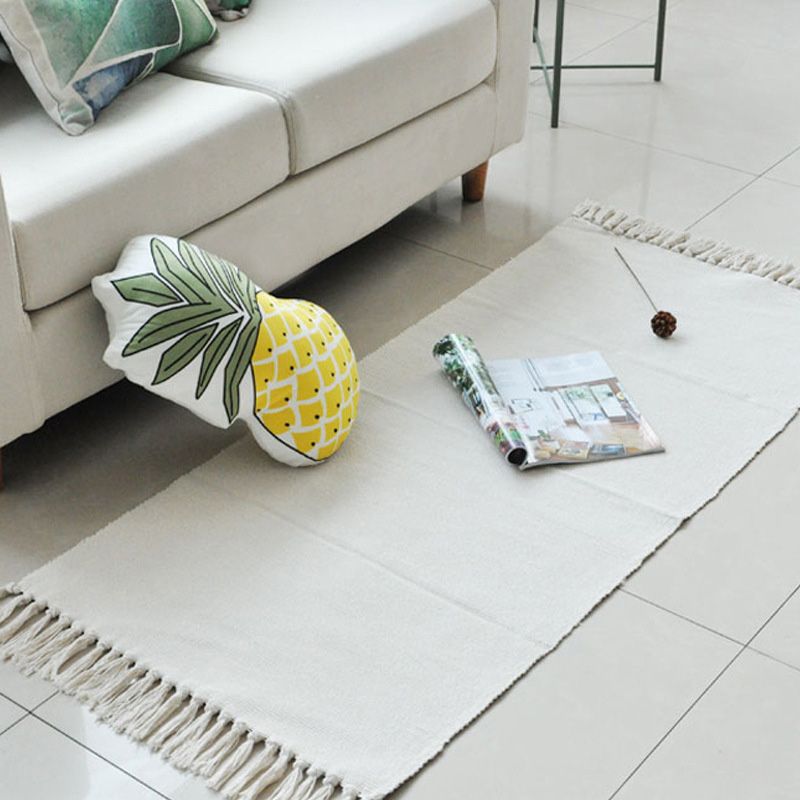 Simple Solid Color Rug White Cotton Indoor Rug Hand-Worked Easy Care Carpet with Fringe for Room