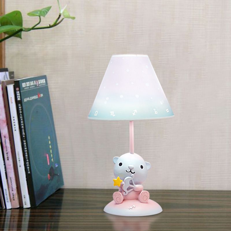 Pink Constellation Night Table Light Cartoon 1 Bulb Resin Nightstand Lamp with Cone Fabric Shade