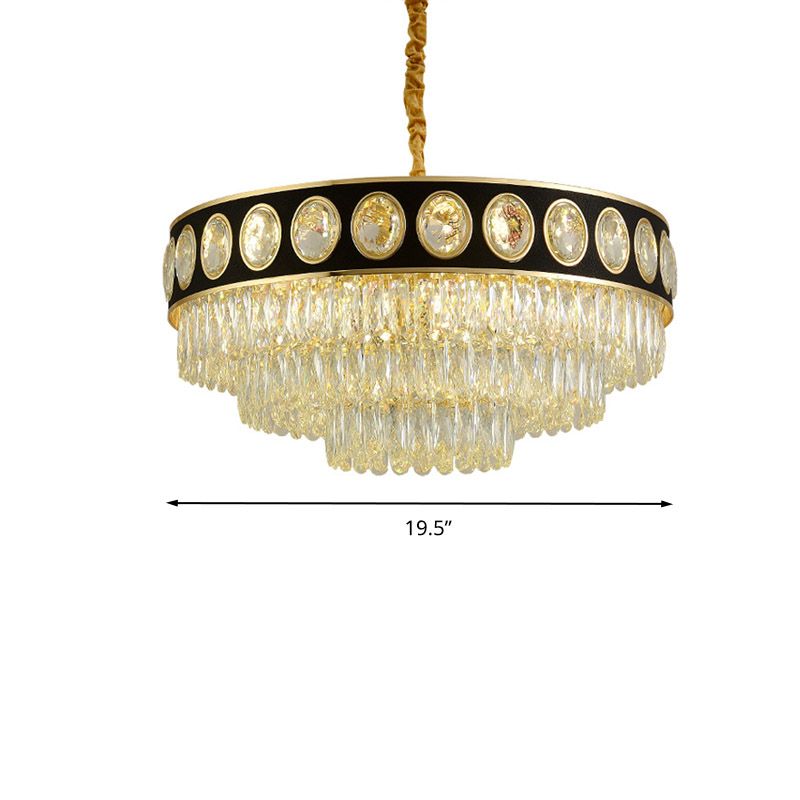 Black and Gold 3 Tiers Hanging Light Postmodern 9/11 Heads Crystal Block Chandelier Lighting, 19.5"/23.5" Wide