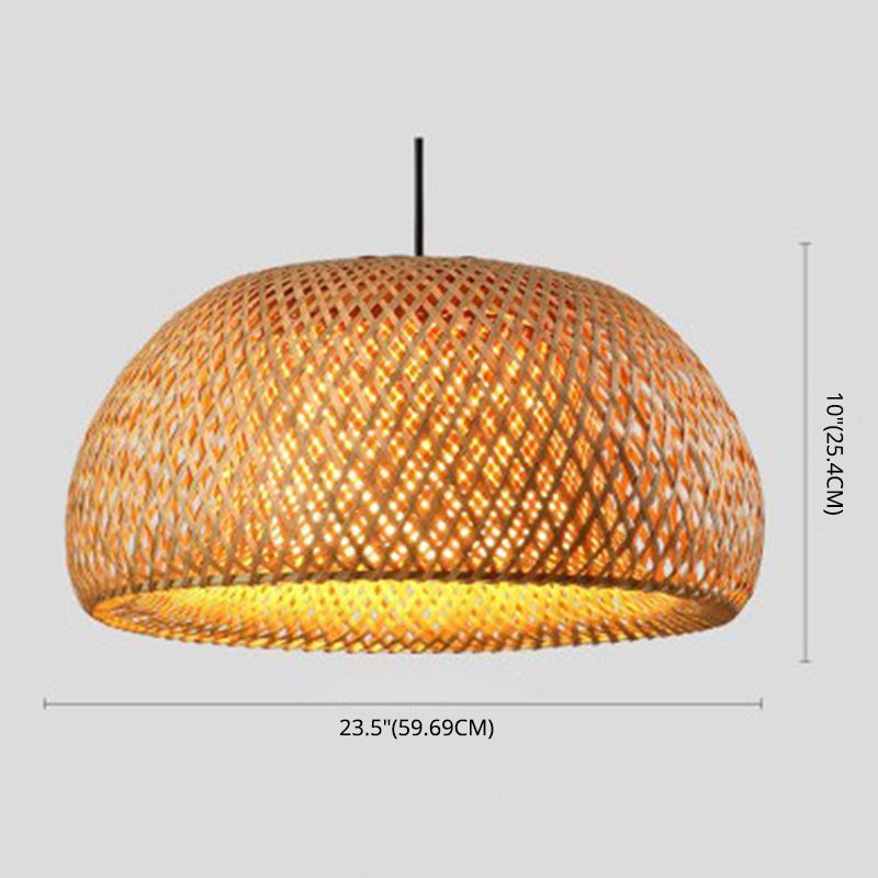 Double Walled Dome Hanging Lamp Asian Bamboo 1-Light Beige Hanging Pendant for Restaurant