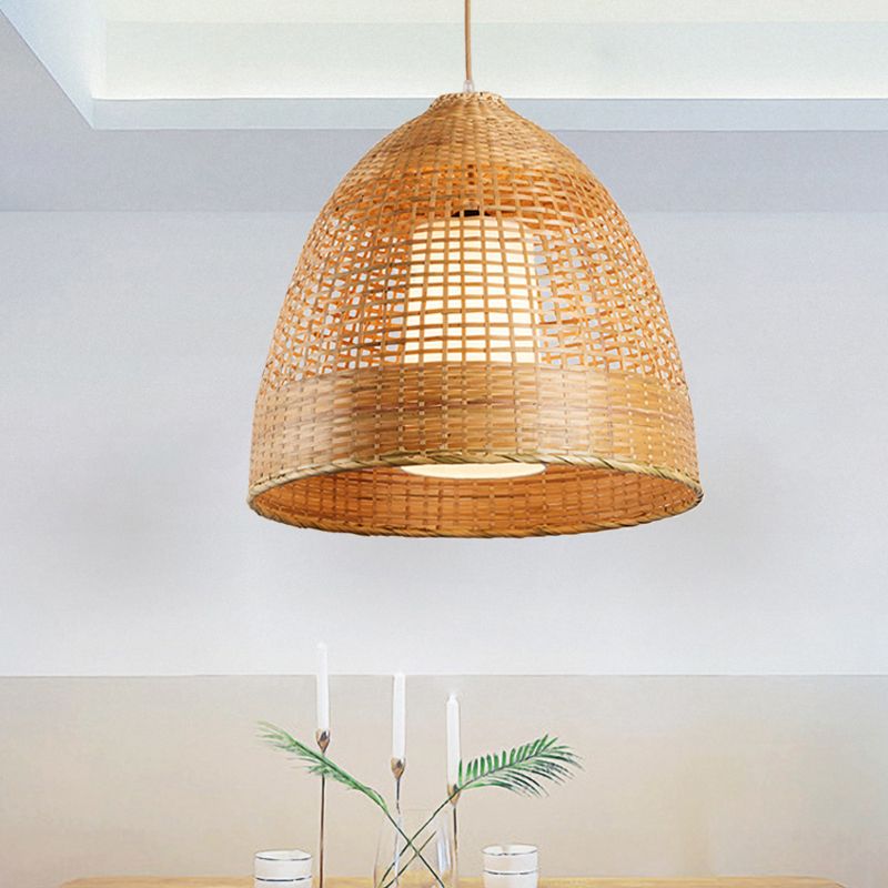 Grid Bell Living Room Hanging Lamp Bamboo Single-Bulb Asian Suspension Pendant Light in Beige