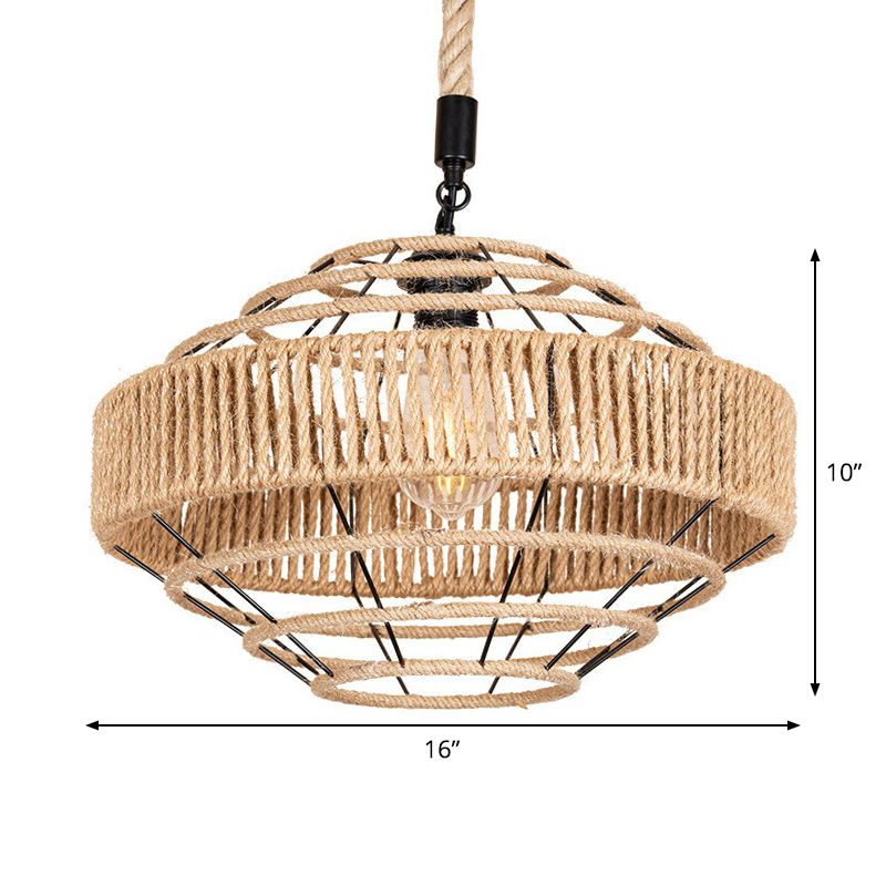 Farmhouse Gyro Shaped Drop Pendant 1-Light Natural Rope Hanging Light Fixture in Brown