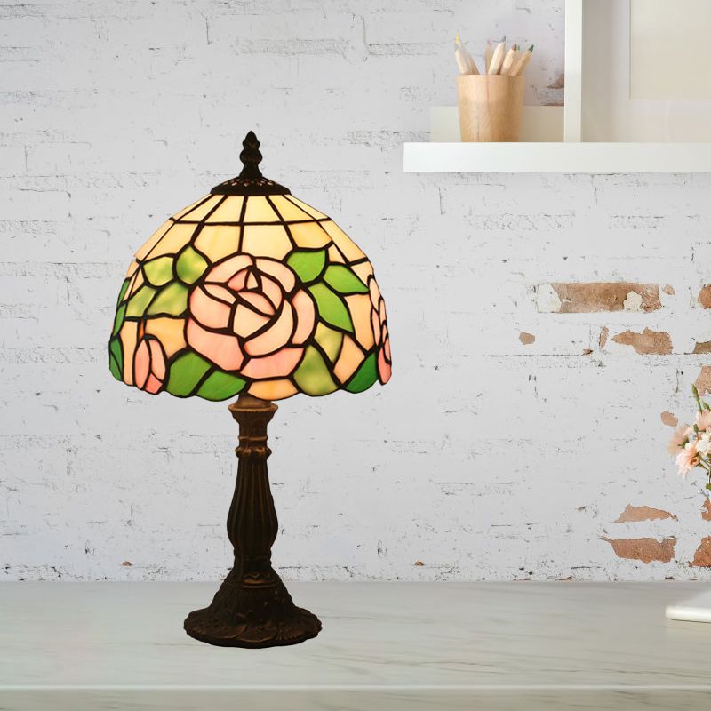 Pink/Purple and Pink Rose Night Lamp Victorian 1 Light Stained Art Glass Table Lighting with Dome Shade