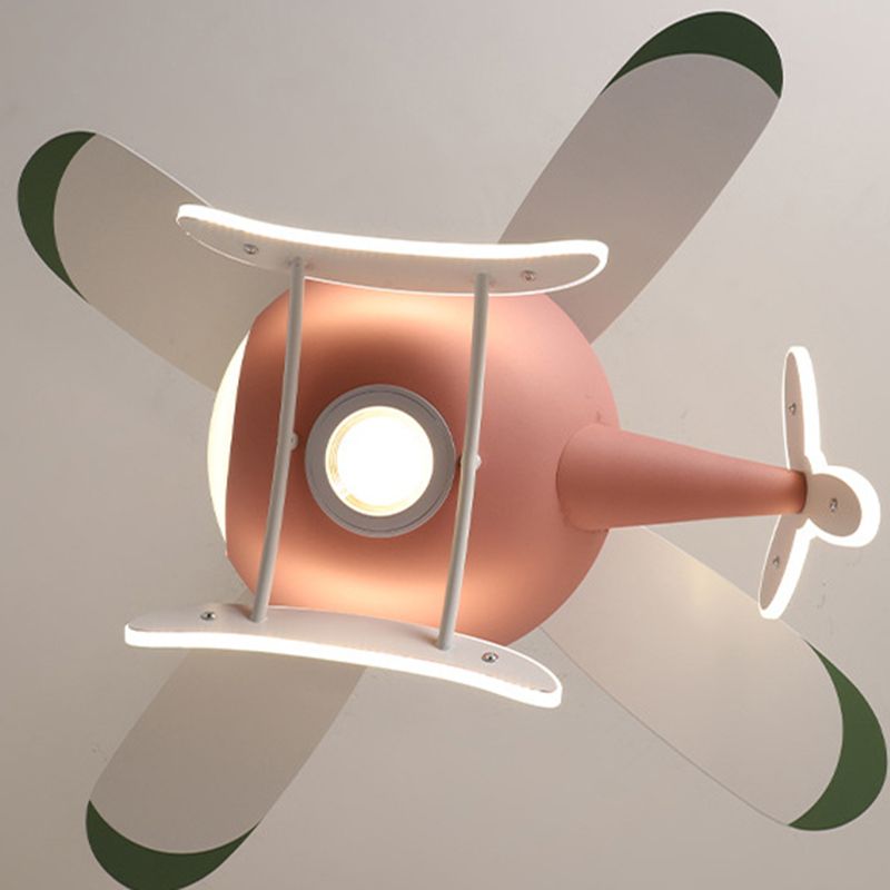 Acrylic LED Hanging Lamp in Kids Creative Style Iron Airplane Fan Pendant Light with Wooden Lamina