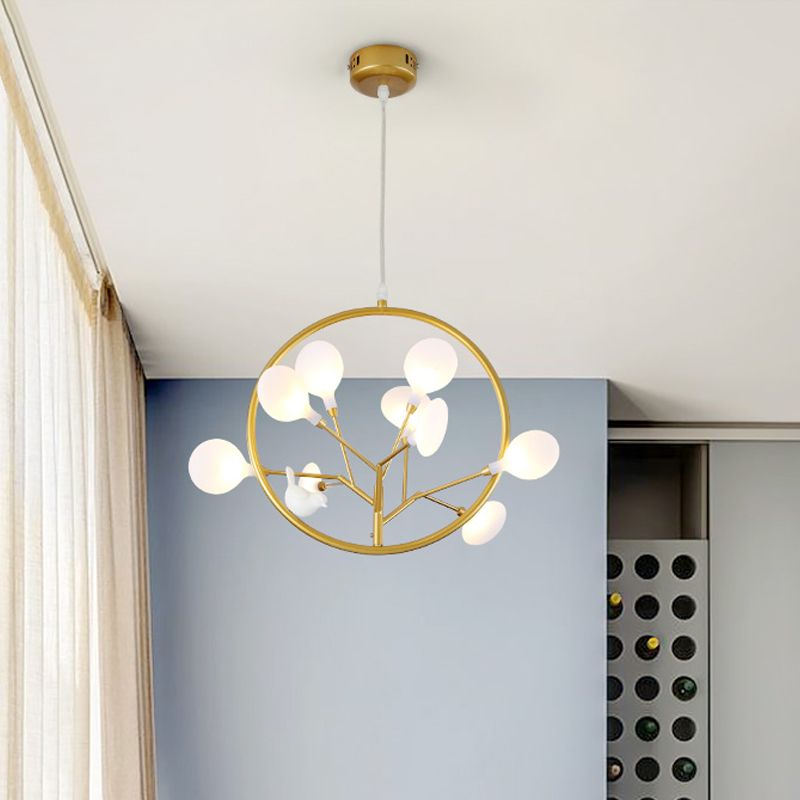 9 Lights Branch Pendant Lamp with Bird Deco Elegant Metallic Hanging Light in Gold for Cloth Shop