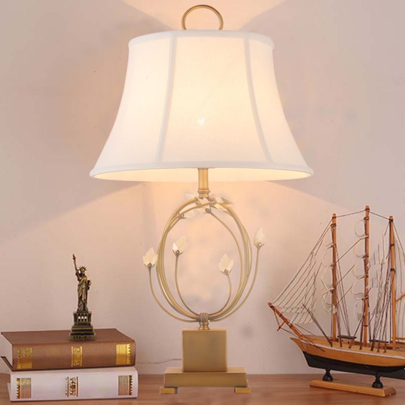 Paneled Bell Bedroom Table Light Fabric 1 Bulb Modern Night Lamp in White with Crystal Decoration