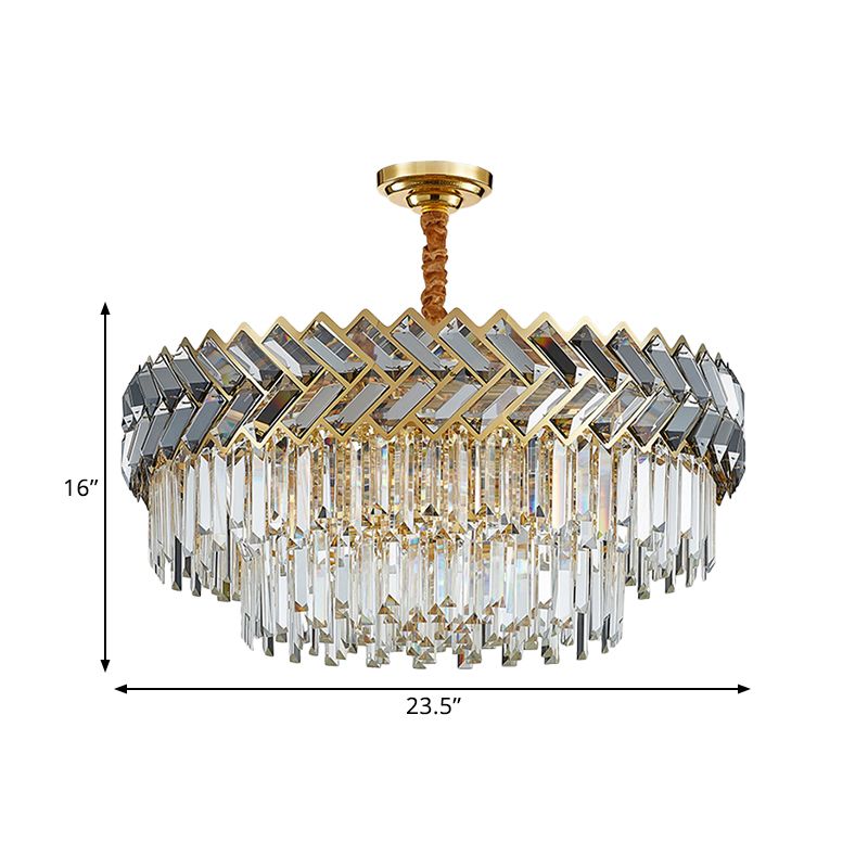 9 Bulbs Chandelier Pendant Light Modern 2-Layered Crystal Rods Suspension Light with Herringbone Design in Black-Gold