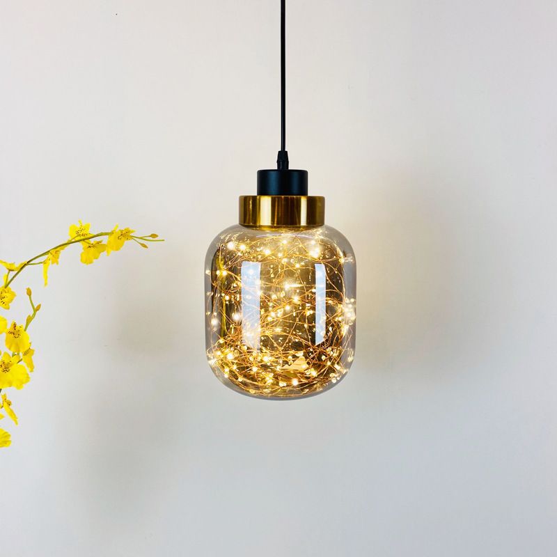 Glass Jar Pendant Light Fixture Modern Brass Finish Ceiling Hang Lamp with LED String