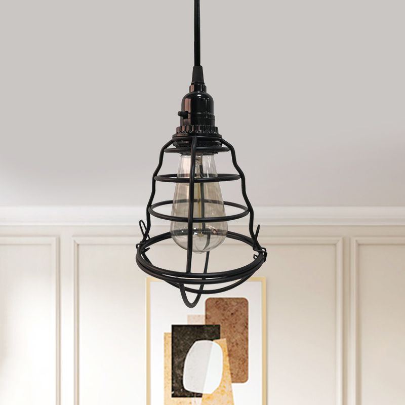 Bulb Shaped Cage Corridor Pendant Lamp Industrial Metallic One Light Black Hanging Light with Plug In Cord