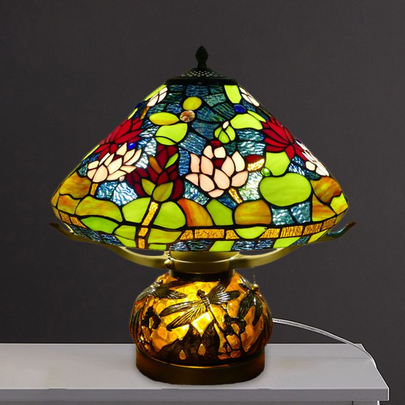 Stained Glass Conic Table Lamp Mediterranean 3 Heads Green Lotus Patterned Night Lighting for Bedroom