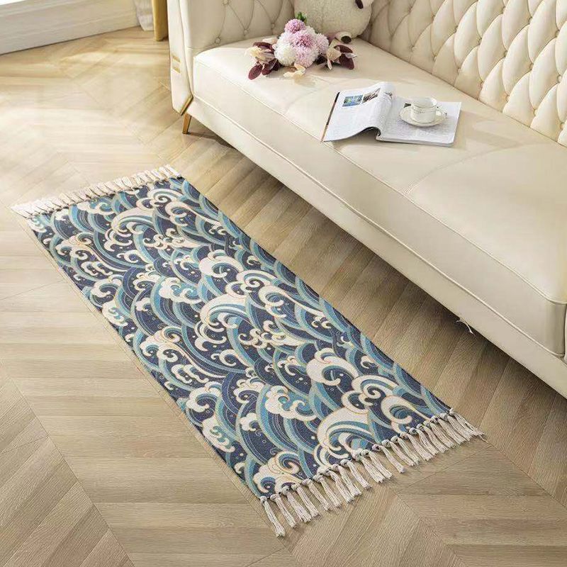 Classic Geometric Printed Rug Multi-Colored Cotton Blend Carpet Easy Care Washable Rug with Fringe for Bedroom