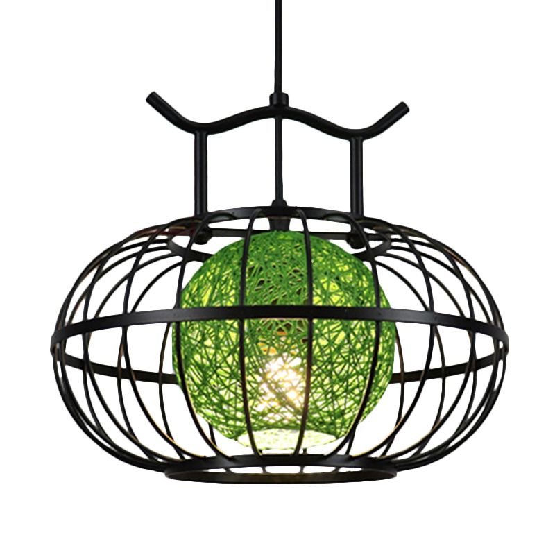 Metal Pumpkin Cage Hanging Pendant Light with Inner Rattan Ball Shade Asian Style 1 Light Suspension Lamp in Red/Yellow