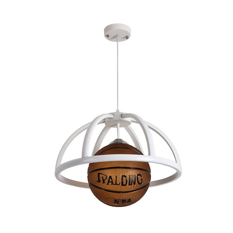 Basketball Pendant Lighting Kids Acrylic 1-Light White and Brown Suspension Lamp with Dome Frame in Warm/White Light