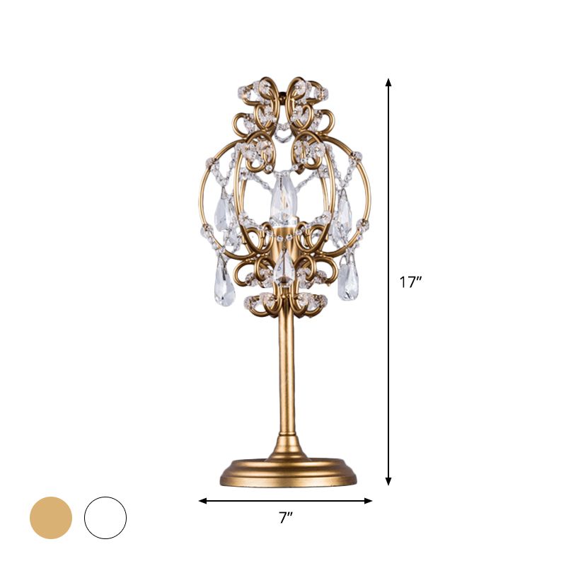 Retro Style Lantern Table Lamp Metal 1-Light Nightstand Lighting in White/Gold with Clear Crystal Drops