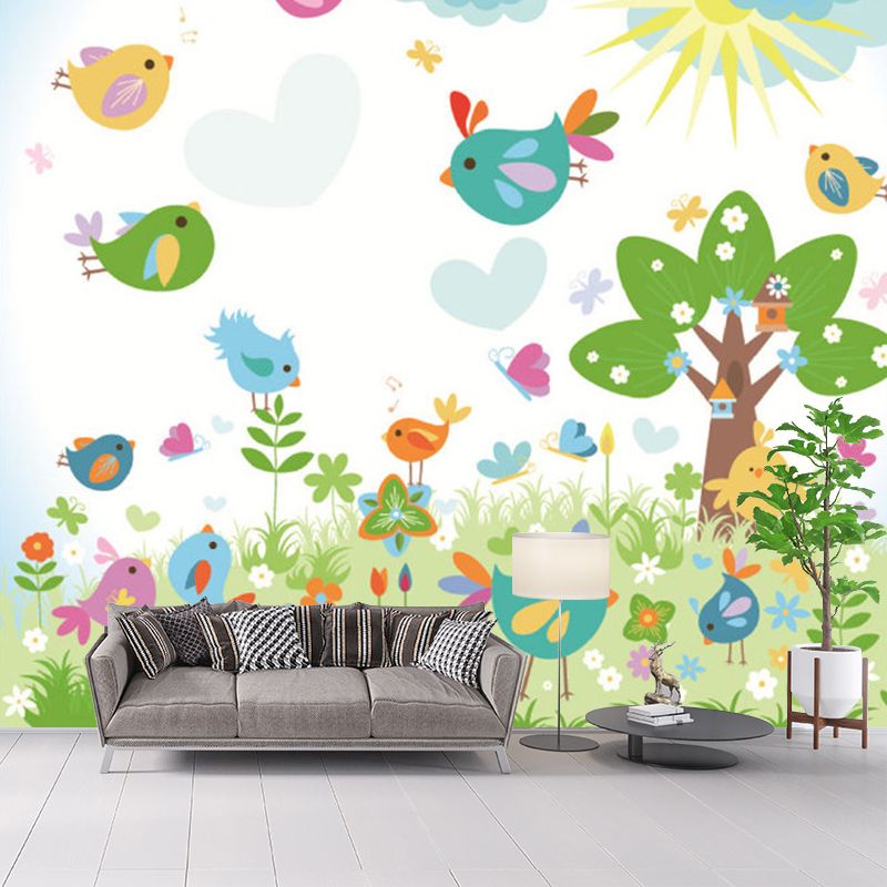 Cartoon Spring Scene Wall Murals Colorful Stain Resistant Wall Covering for Kids Room