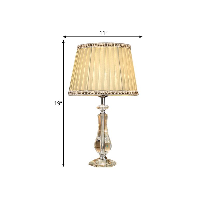 1 Head Flared/Pleated Shade Table Light Traditional Beige/Burgundy/Sky Blue Fabric Nightstand Lamp with Crystal Column