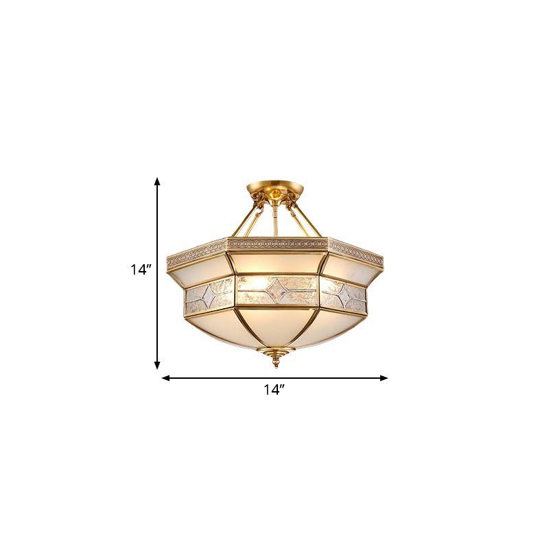 14"/18"/23.5" Wide 3/4/6 Lights Frosted Glass Ceiling Mounted Fixture Vintage Brass Geometric Living Room Semi Mount Lighting