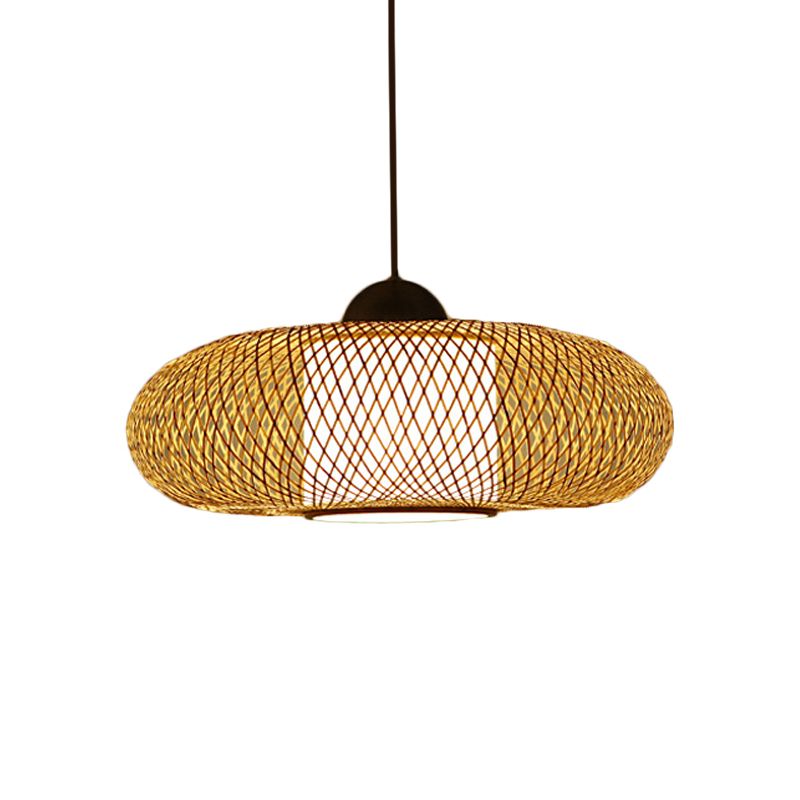 Black/Wood Cross Woven Hanging Pendant Light with Drum Shade Contemporary 1 Head Bamboo Hanging Lamp