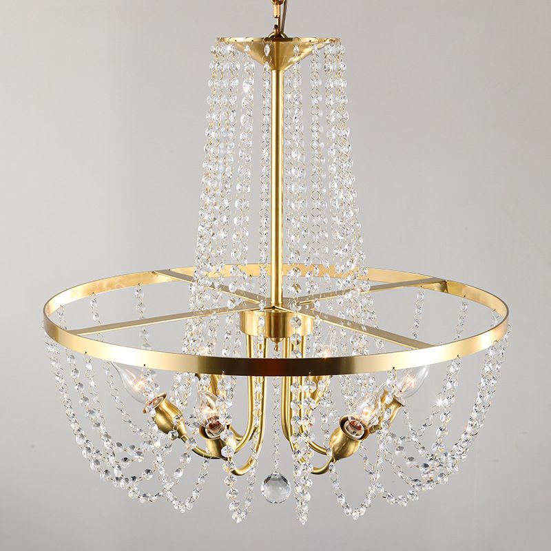 Modern Ring Hanging Lamp 6 Bulbs Clear Crystal Stands Pendant Chandelier in Gold with Scrolled Arm