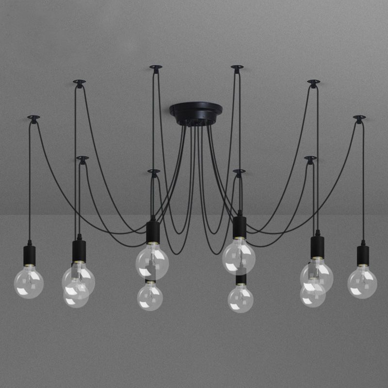 Industrial Exposed Bulb Swag Pendant Metallic Multi Light Chandelier in Black for Living Room