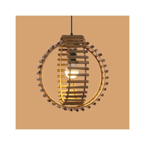 Rustic Double Rings Hanging Pendant Bamboo Stick Single Bulb Foyer Suspension Lamp in Beige