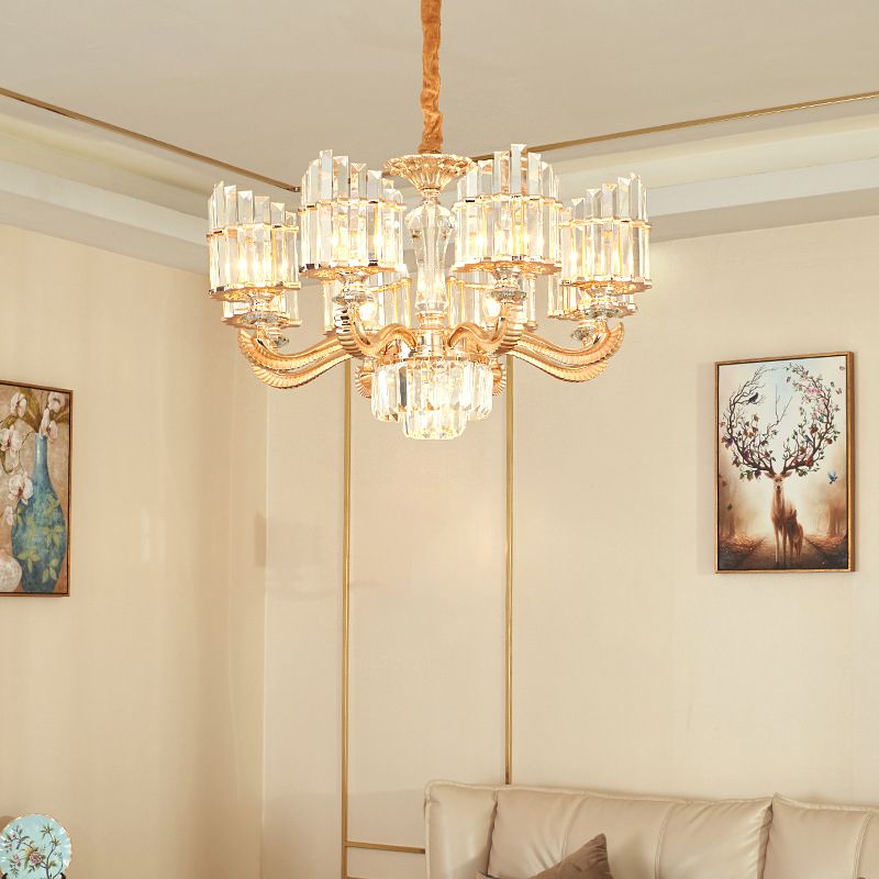 Radial Chandelier Light Modern Crystal 6/8 Bulbs 23.5"/27" Wide Gold Suspended Lighting Fixture with Curved Metal Arm