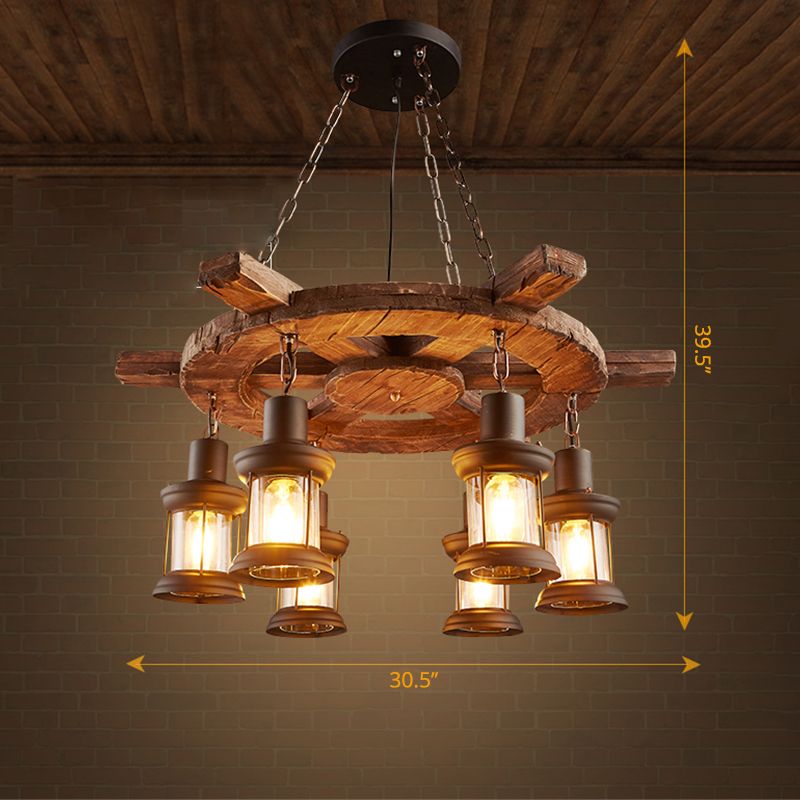 Clear Glass Lantern Suspension Lamp Nautical Living Room Ceiling Chandelier in Wood