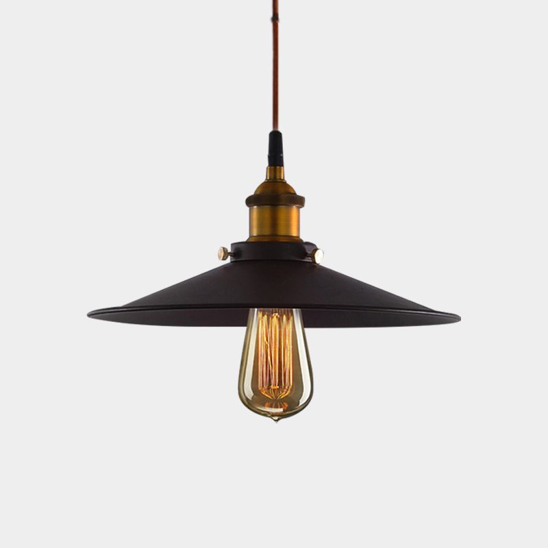 Wide Flare Metal Pendant Light Antiqued 1 Light Living Room Pulley Hanging Ceiling Lamp in Black