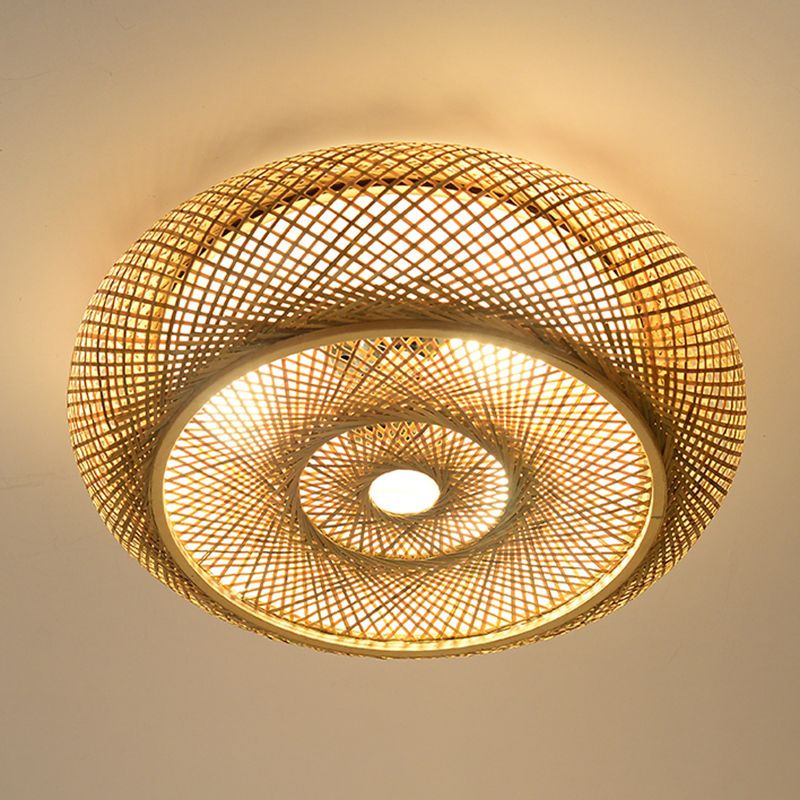 Wooden Circular Ceiling Light in Asian Simplicity Weave Bamboo Flush Mount for Corridor