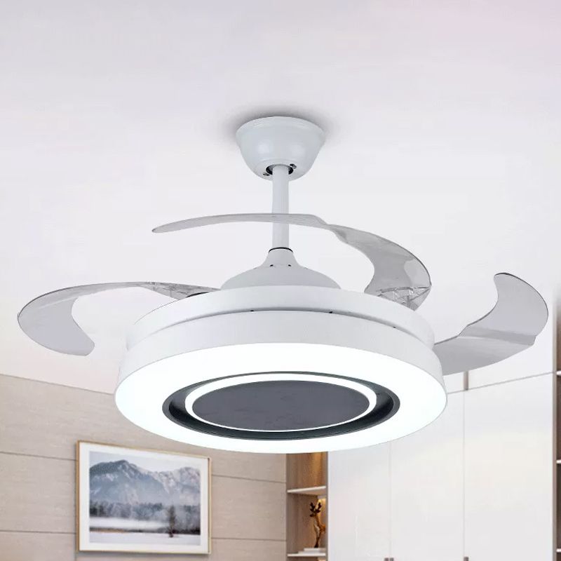 White Round Semi-Flush Mount Nordic 19" Wide LED Metallic Hanging Fan Light Fixture, 4 Blades