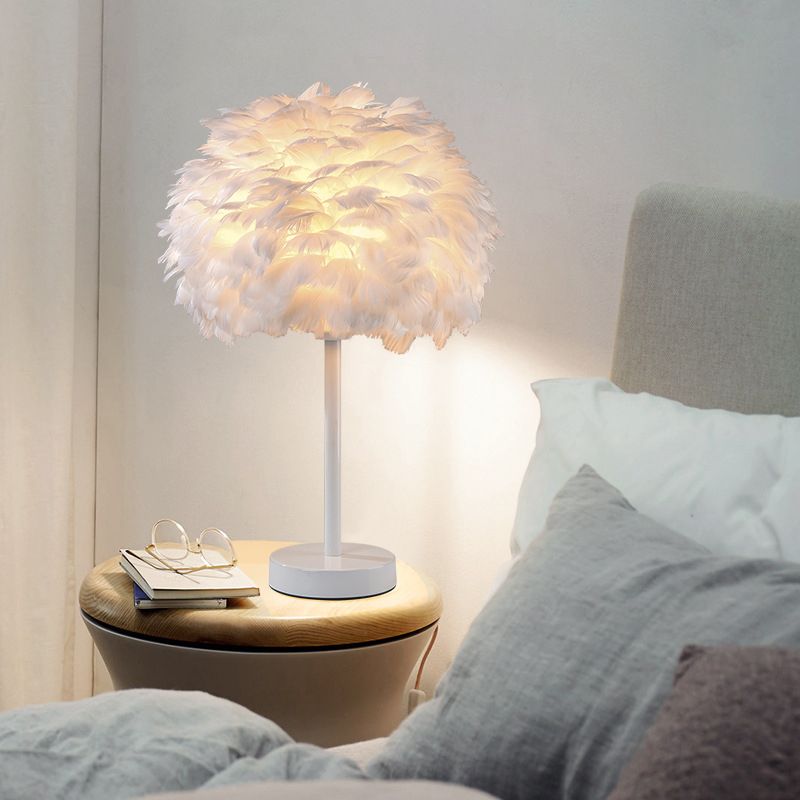 Goose Feather Dome Night Light Nordic 1 Bulb Grey/White/Pink Table Lamp with Tripod/Straight Stand in Black/White/Wood