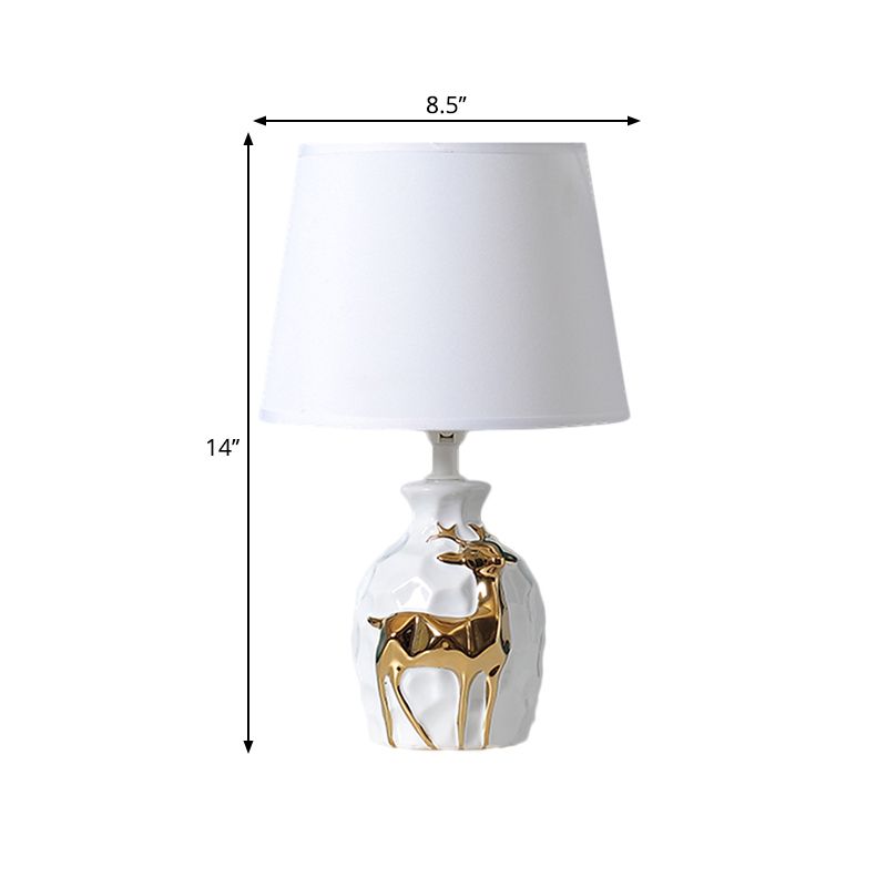 1-Bulb Tapered Desk Light Countryside White Fabric Night Table Lamp with Deer Vase Base, 11"/14"/15" Wide