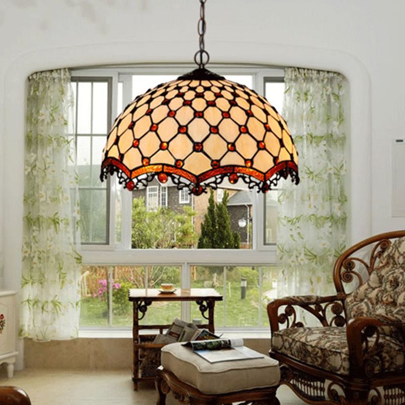 Scalloped Pendant Ceiling Light Tiffany Stained Glass 1 Light White Jewelry Suspension Lamp for Dining Room