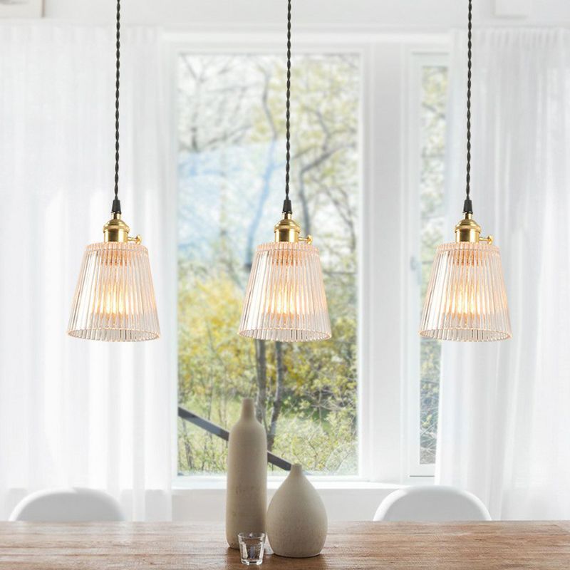 Tapered Clear Ribbed Glass Hanging Light Simplicity 1 Bulb Restaurant Pendant Light Fixture