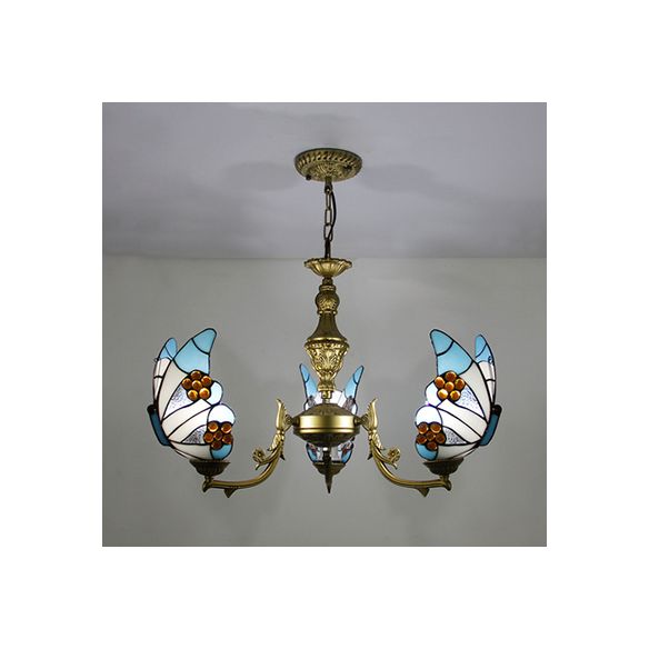 3 Lights Butterfly Hanging Light Loft Style Stained Glass Ceiling Chandelier with Chain in White/Red/Blue/Orange-Green