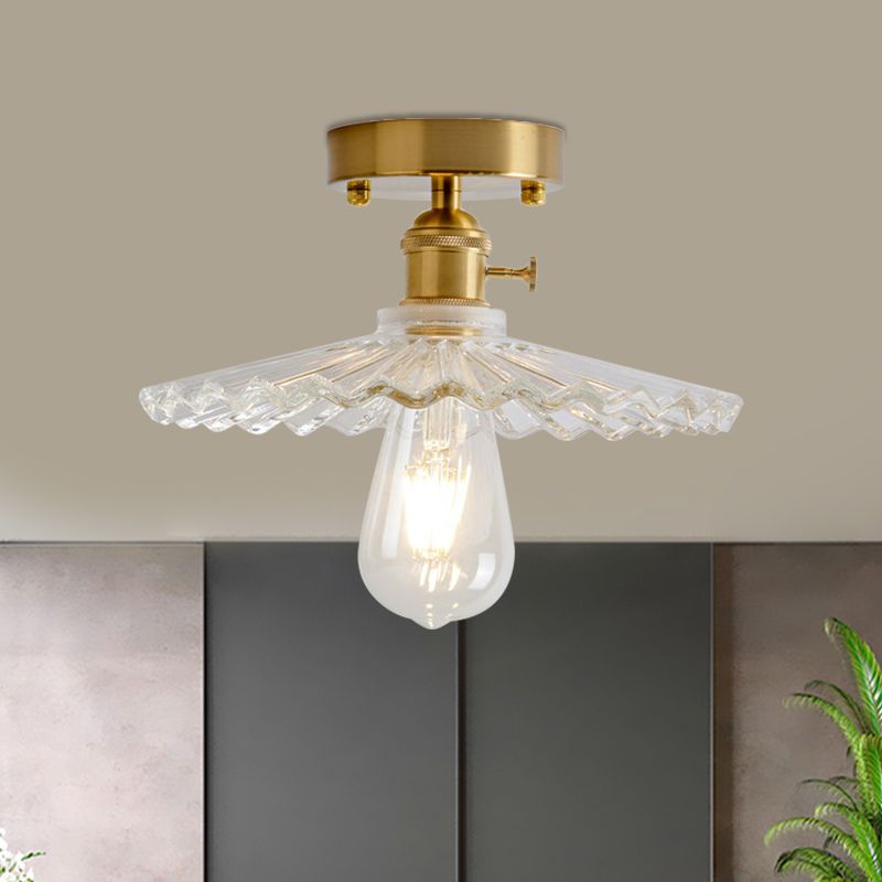 1 Light Ceiling Light with Dome/Barn/Flower Shade Amber/Clear Textured Glass Industrial Living Room Semi Flush in Brass