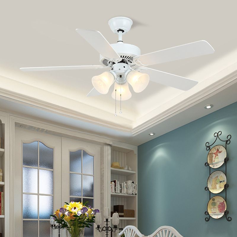 Modern Bell Semi Flush Light Fixture 3 Bulbs 52" Wide Cream Glass 5 Blades Pendant Fan Lamp in White