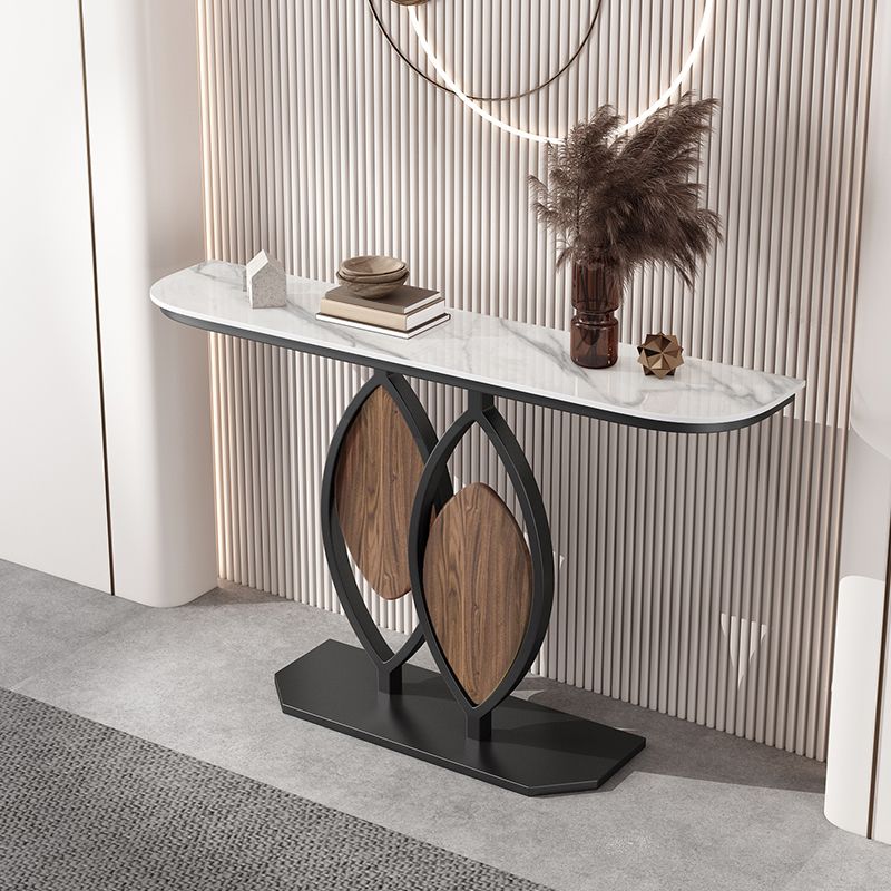 Contemporary Half Moon Console Table with Stone Top and Pedestal Base