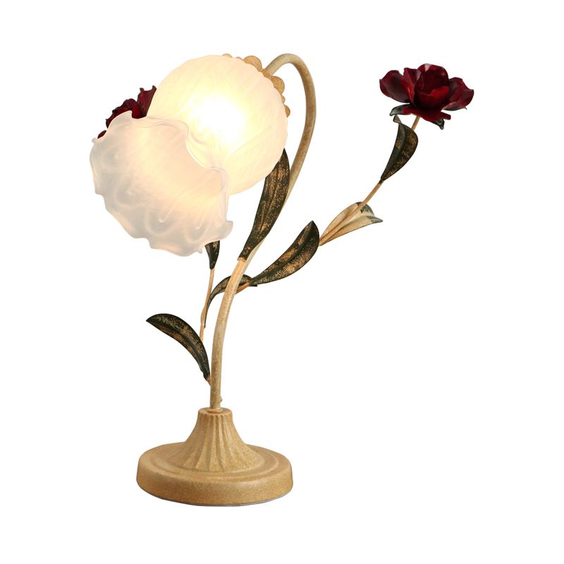 1-Bulb Table Light Korean Garden Dinning Room Night Lamp with Floral Opal Frosted Glass Shade in Red/Pink